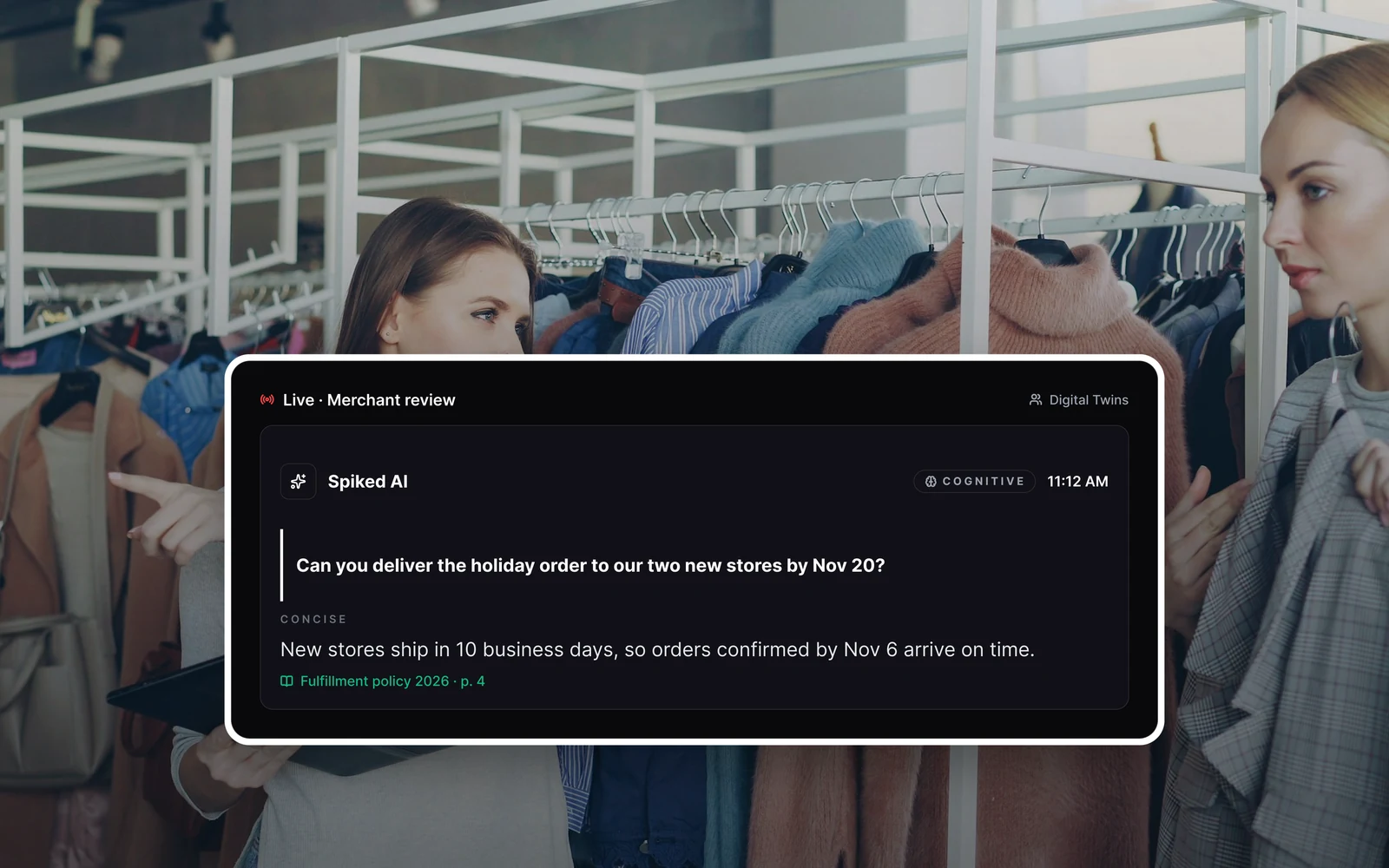 SpikedAI surfacing an approved fulfillment answer with its source during a merchant conversation