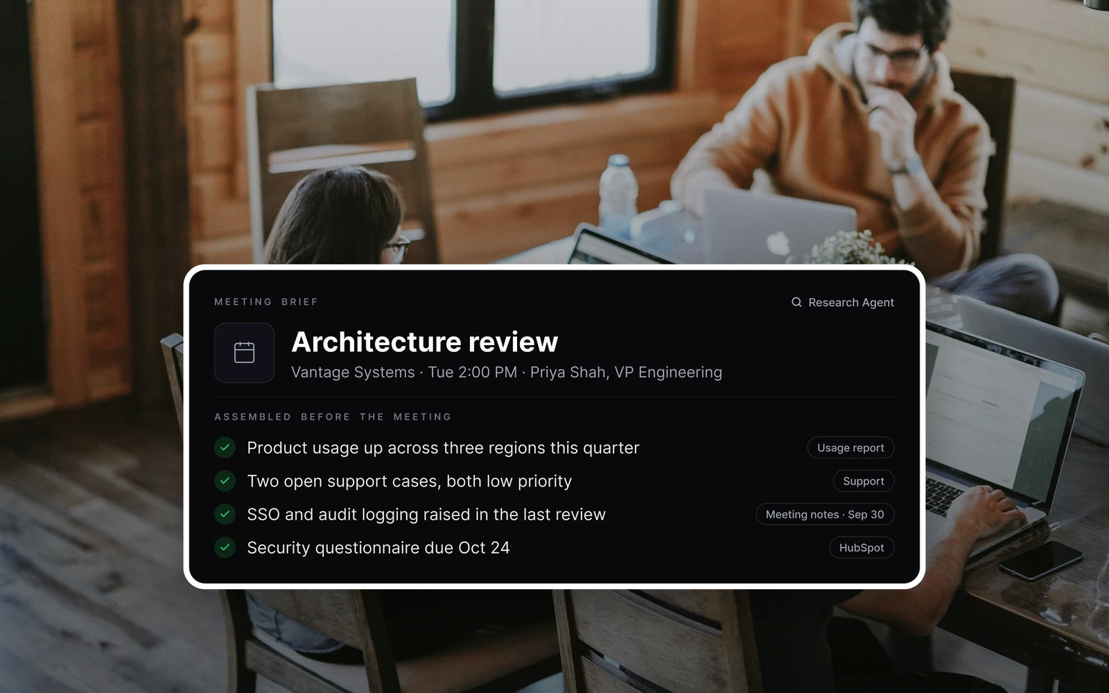 SpikedAI meeting brief for an architecture review: account history, product usage and open support cases
