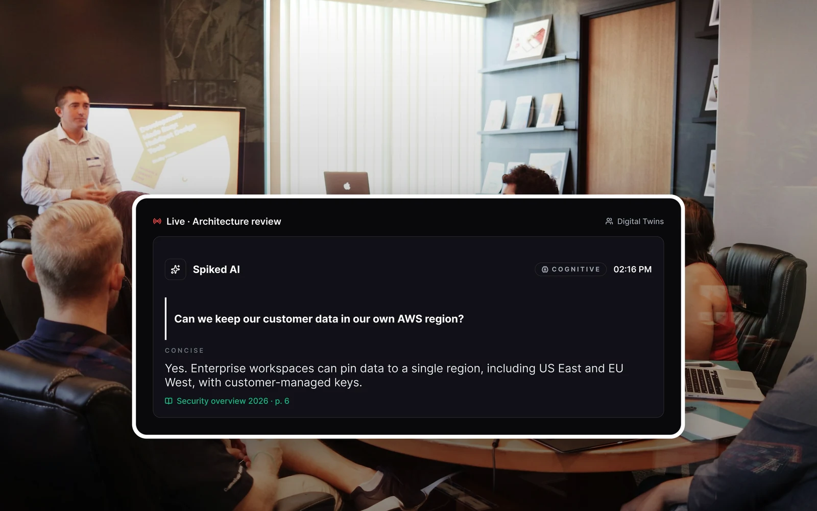 SpikedAI surfacing an approved security answer with its source during a customer conversation